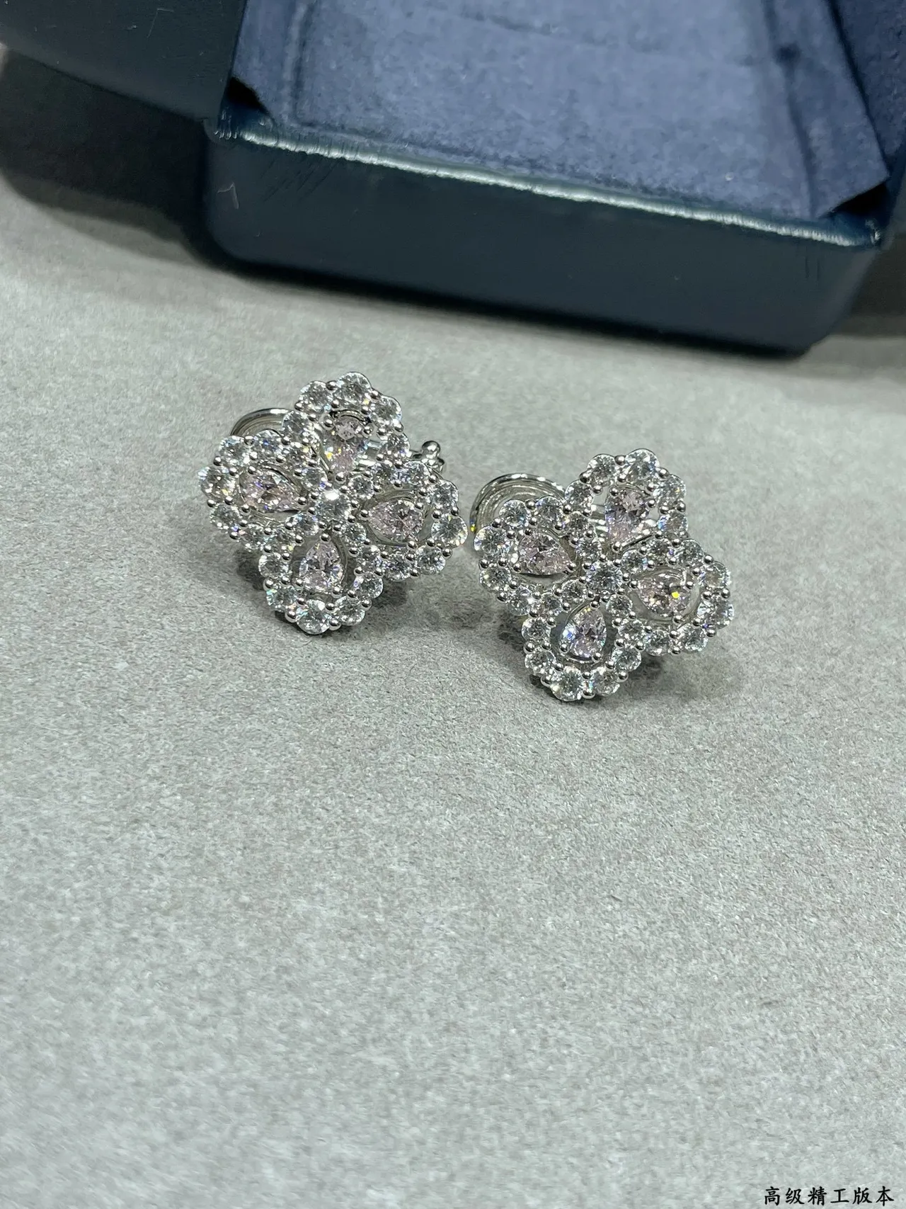 Silver Pink Floral Quatrefoil Motif Pave-Set Clear Stones Earrings 5