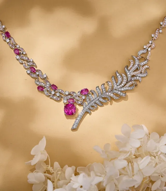 Silver Pink Ornate Leaf-Motif Pendant Multi-Layered Chain Design Necklace 6