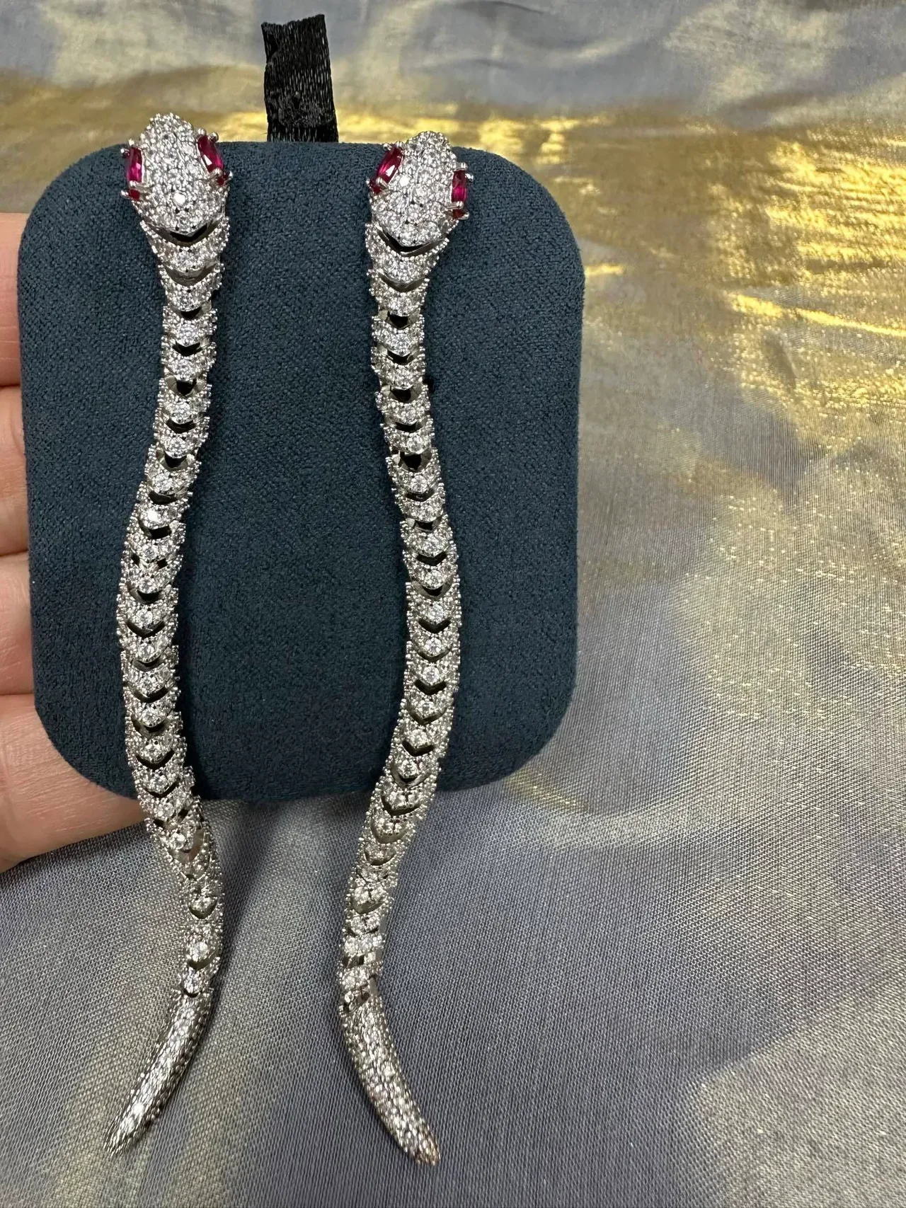 Silver Red Snake-Shaped Pavé-Set Earrings 7