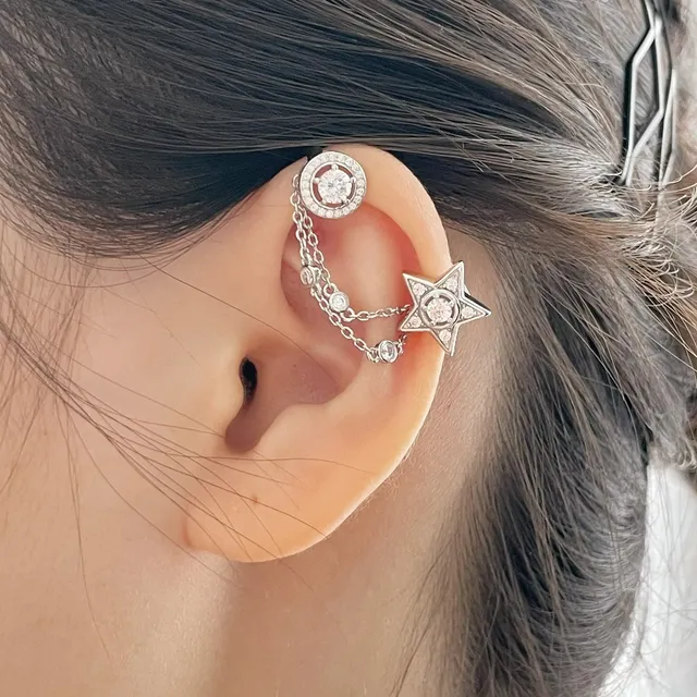 Silver Star and Circle Pavé Chain Ear Cuff Earrings 8