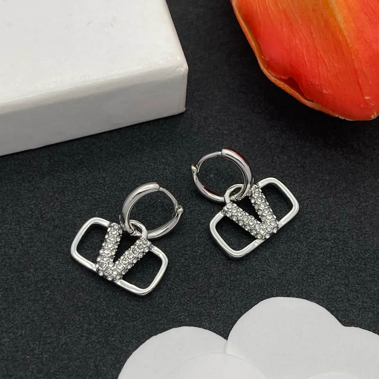 Silver-Tone Crystal V-Motif Hoop Earrings 7