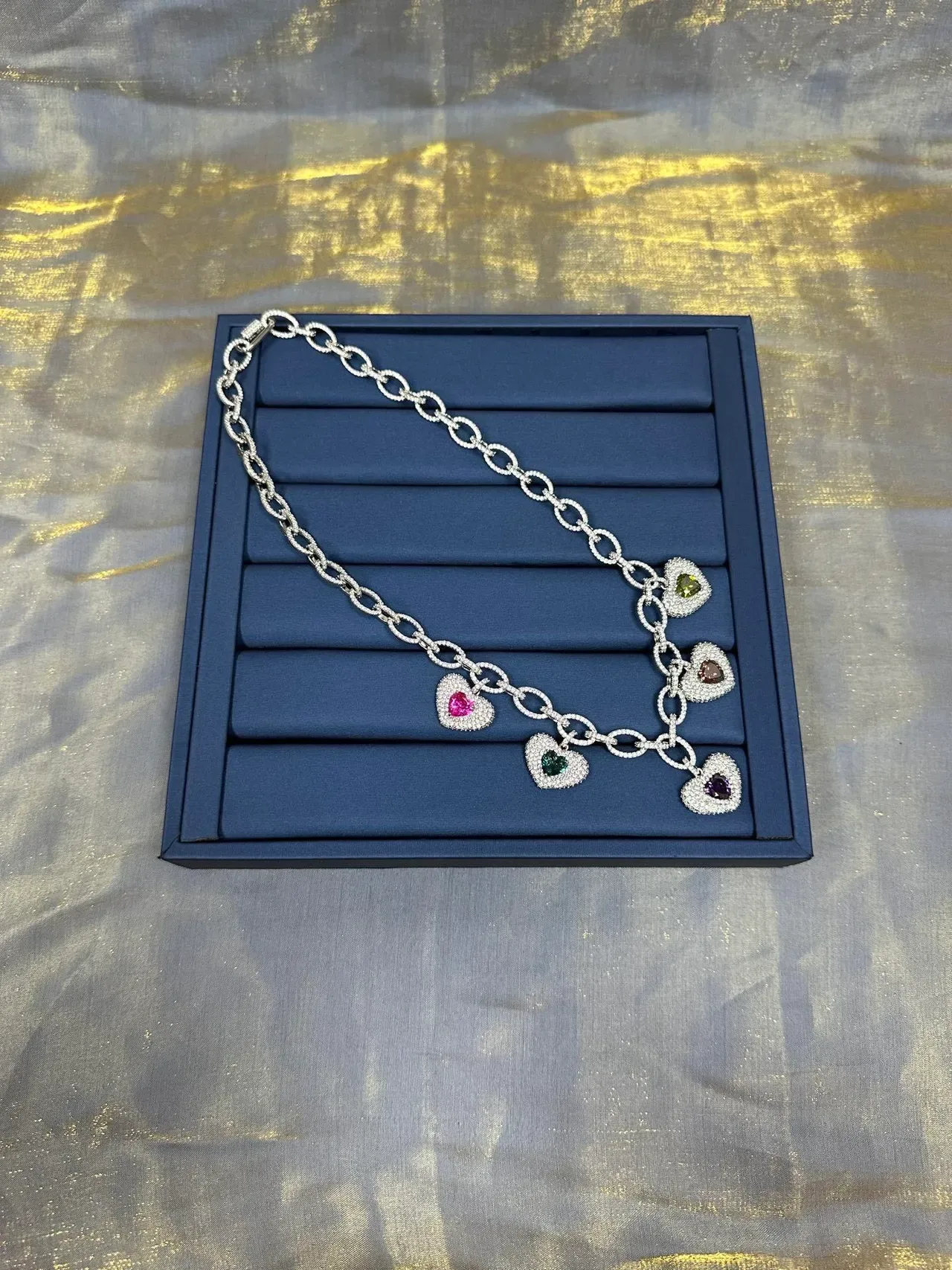 Silver-Tone Multicolor Heart Charm Link Chain Necklace 8