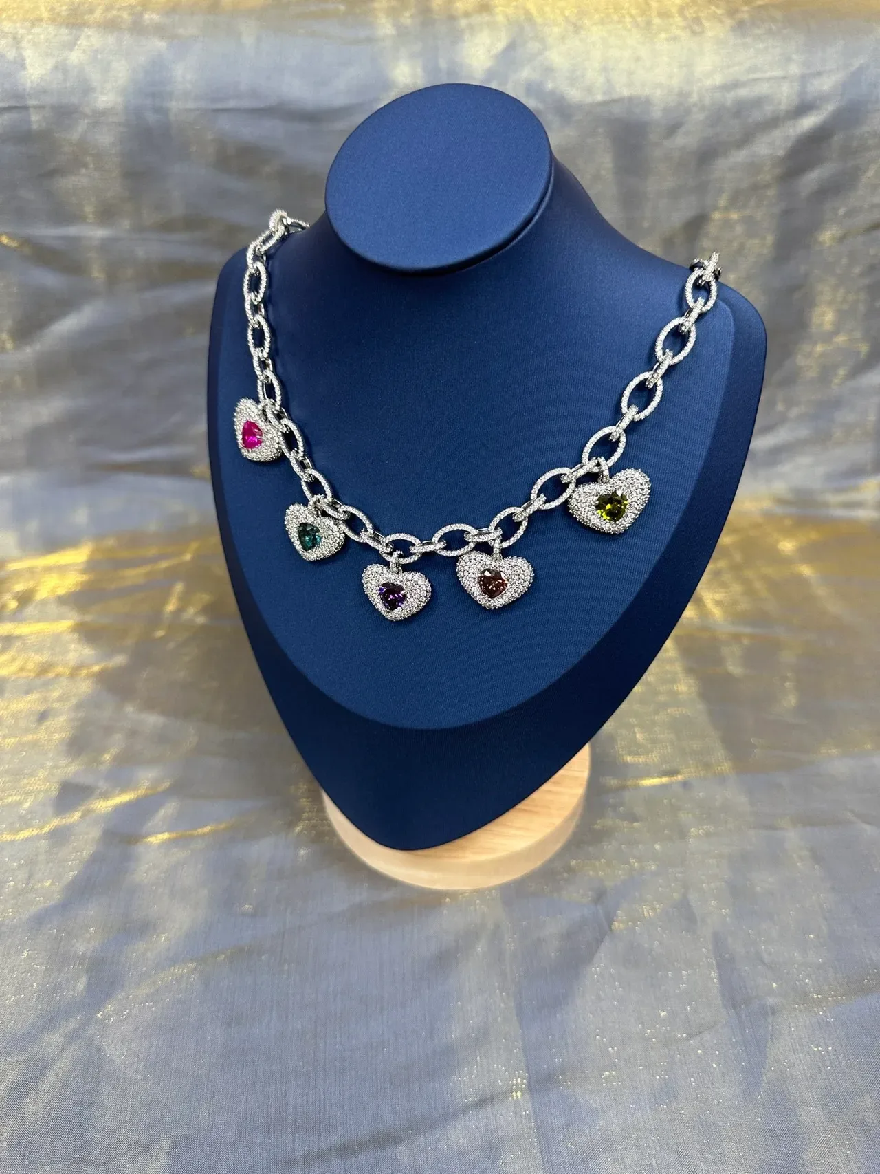 Silver-Tone Multicolor Heart Charm Link Chain Necklace 9