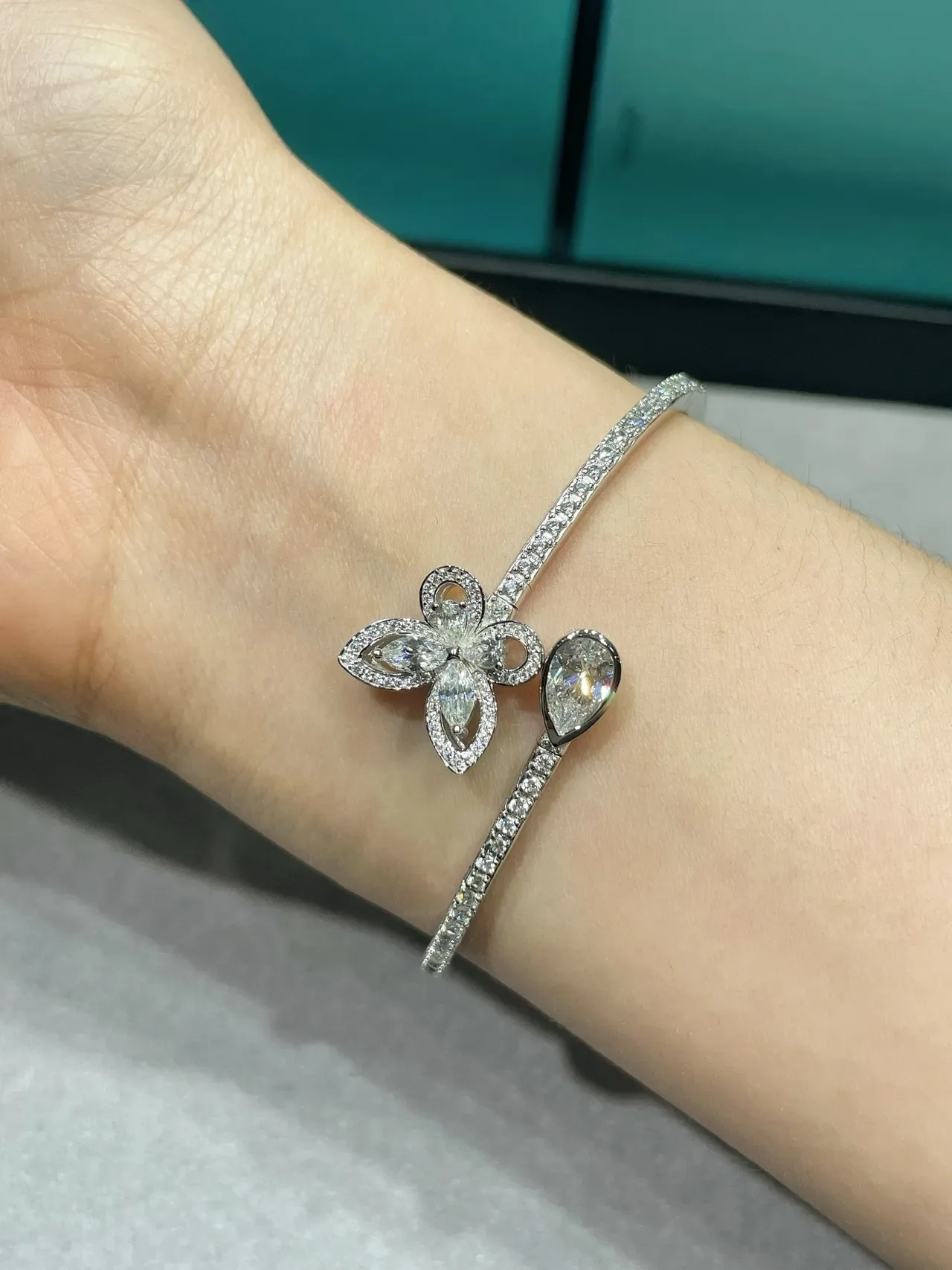 Silver-Tone Pavé Butterfly Floral Open Bangle Bracelet 3