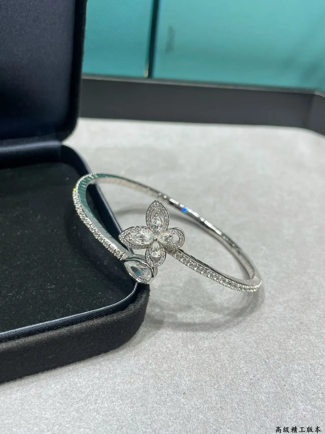 Silver-Tone Pavé Butterfly Floral Open Bangle Bracelet 7