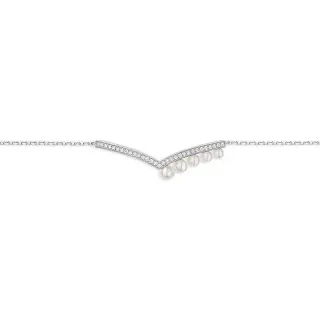 Pulsera de tono plateado en forma de V con diamantes pavé y perlas graduadas