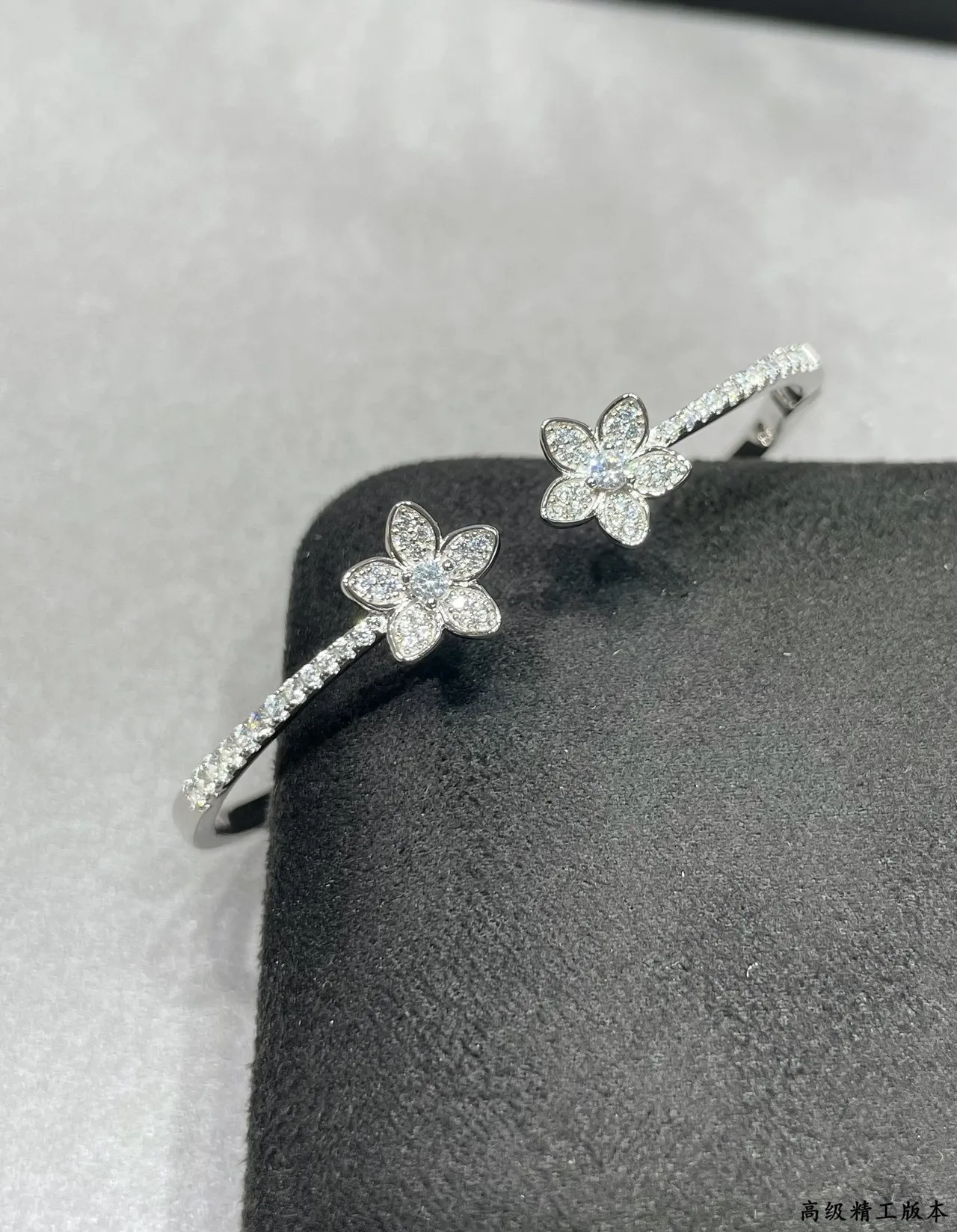 Silver-Toned Pavé Floral Double Flower Open Cuff Bracelet 4