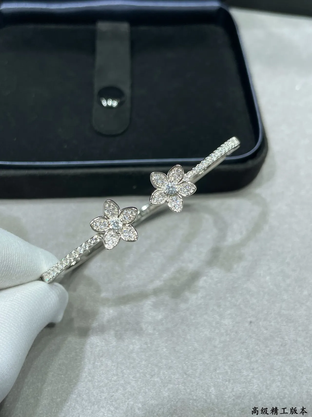 Silver-Toned Pavé Floral Double Flower Open Cuff Bracelet 5