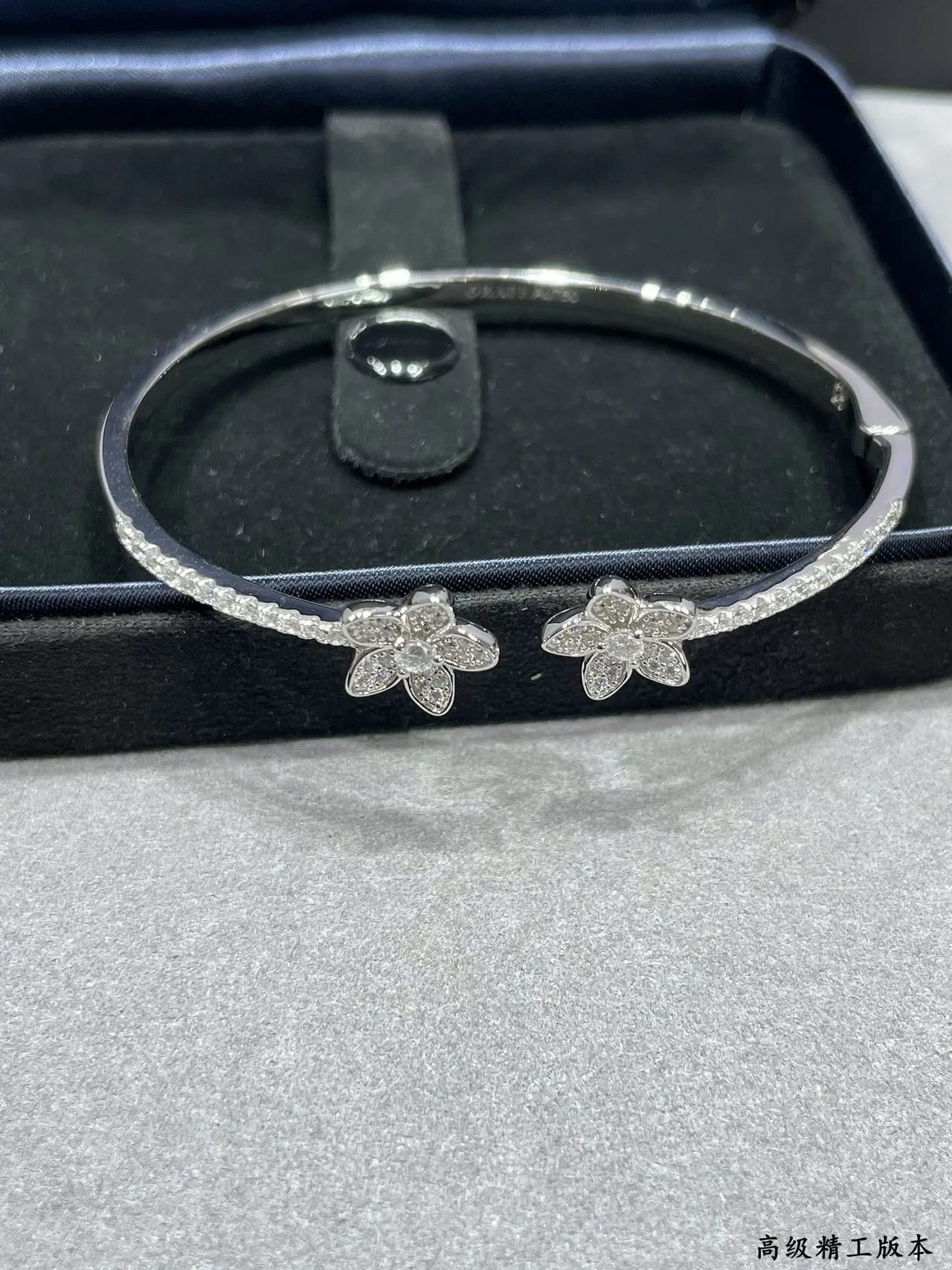 Silver-Toned Pavé Floral Double Flower Open Cuff Bracelet 6