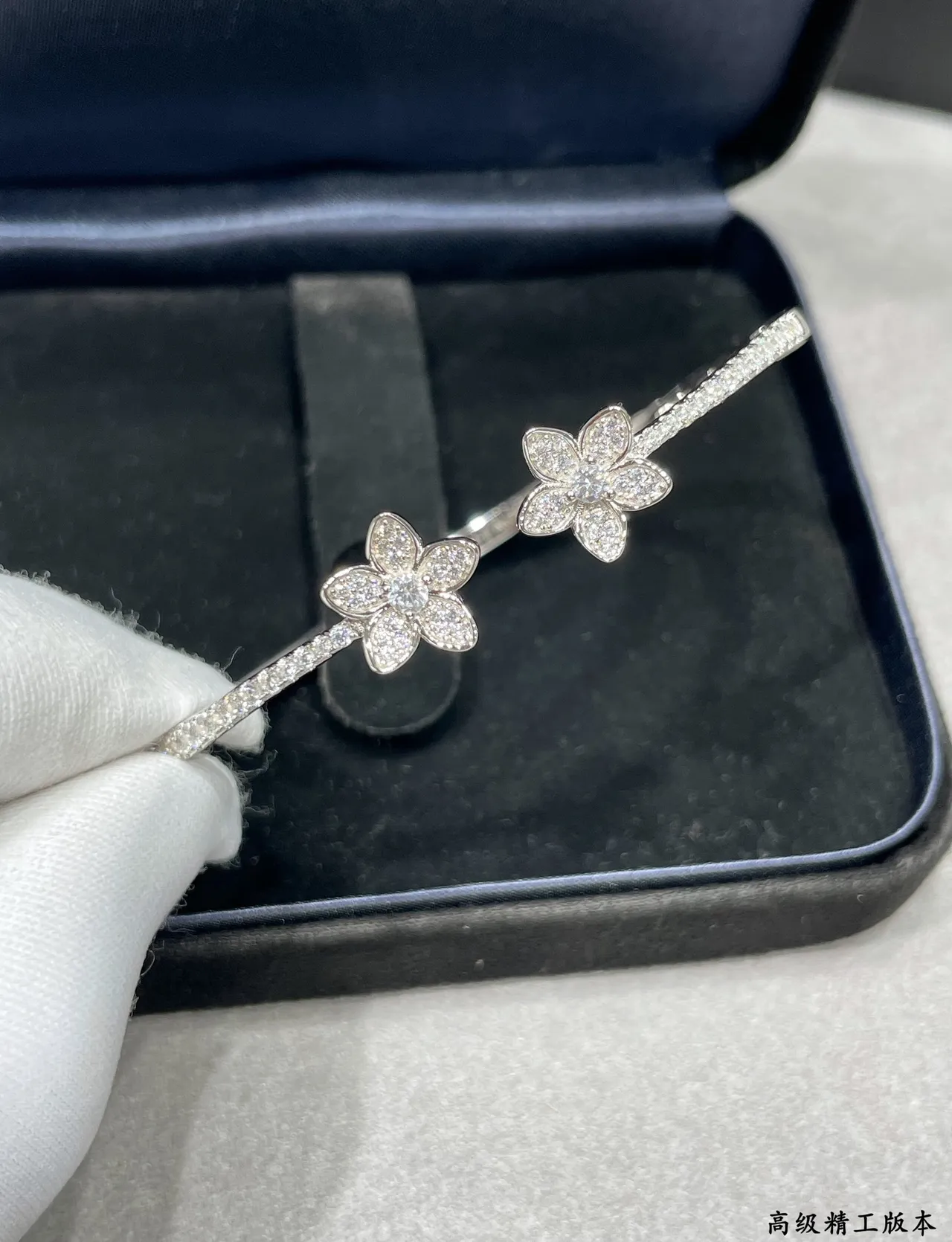 Silver-Toned Pavé Floral Double Flower Open Cuff Bracelet 8