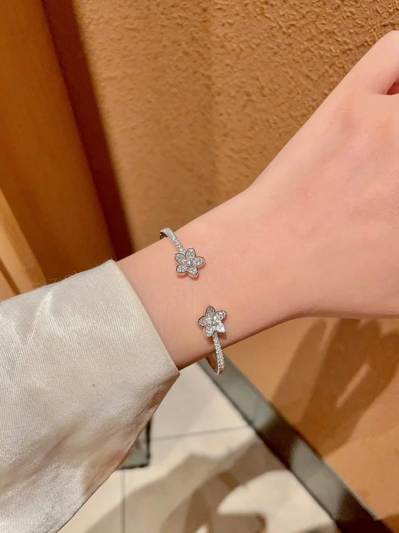 Silver-Toned Pavé Floral Double Flower Open Cuff Bracelet 9