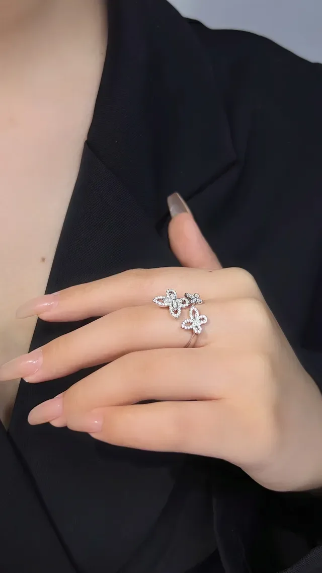 Silver-Toned Pavé Triple Butterfly Open-Band Ring 2