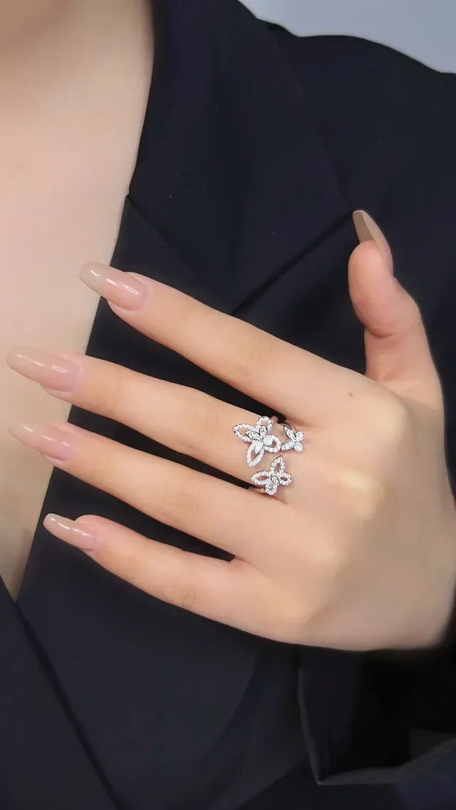 Silver-Toned Pavé Triple Butterfly Open-Band Ring 3