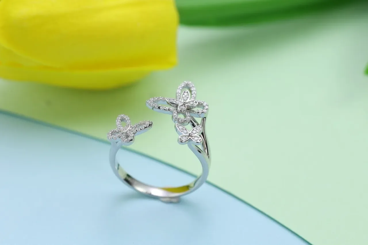Silver-Toned Pavé Triple Butterfly Open-Band Ring 4