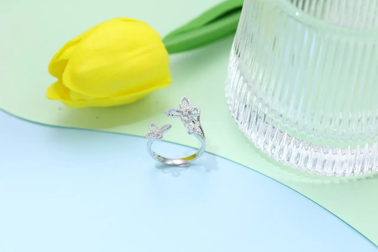 Silver-Toned Pavé Triple Butterfly Open-Band Ring 6