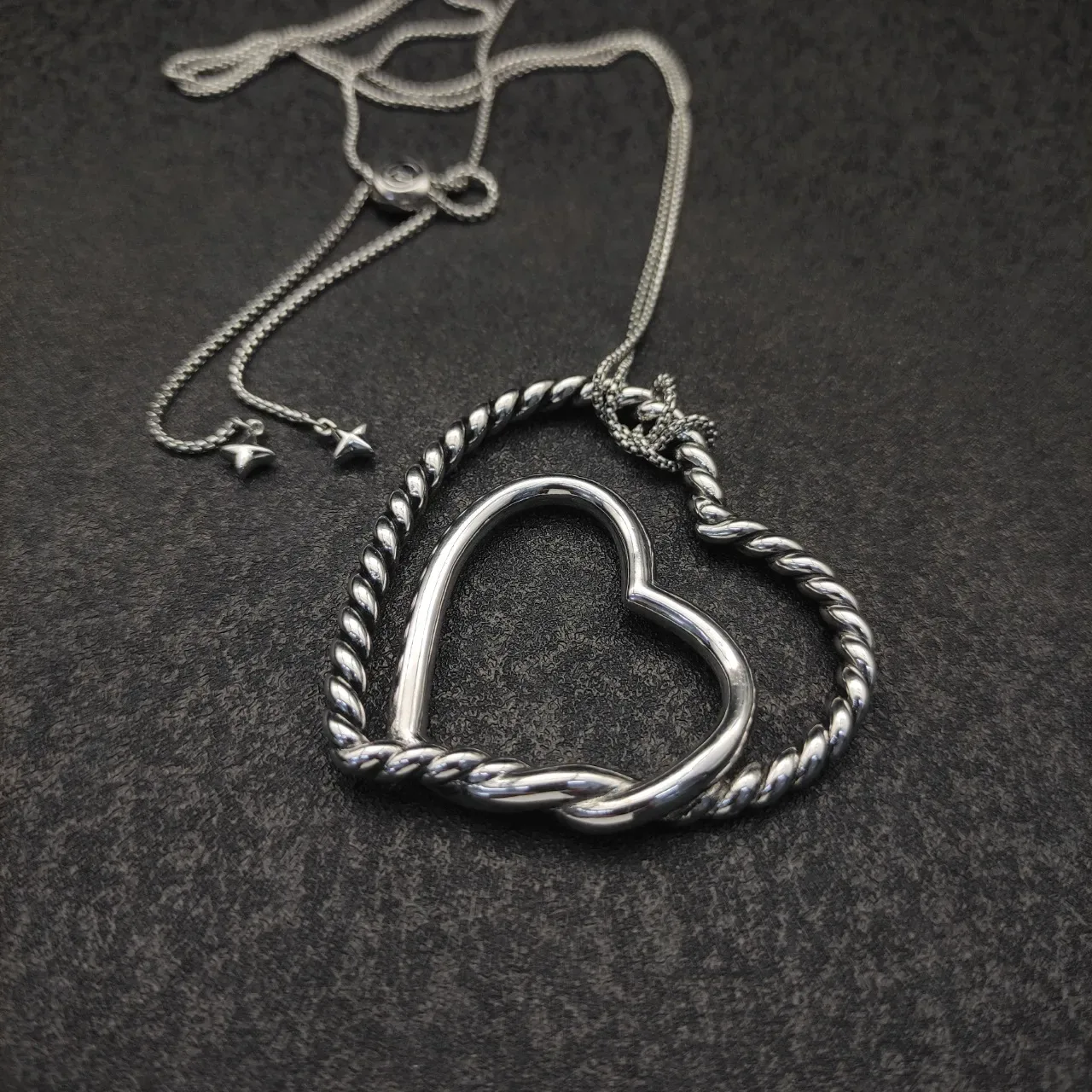 Silver Twisted Rope Double Heart Openwork Necklace 5