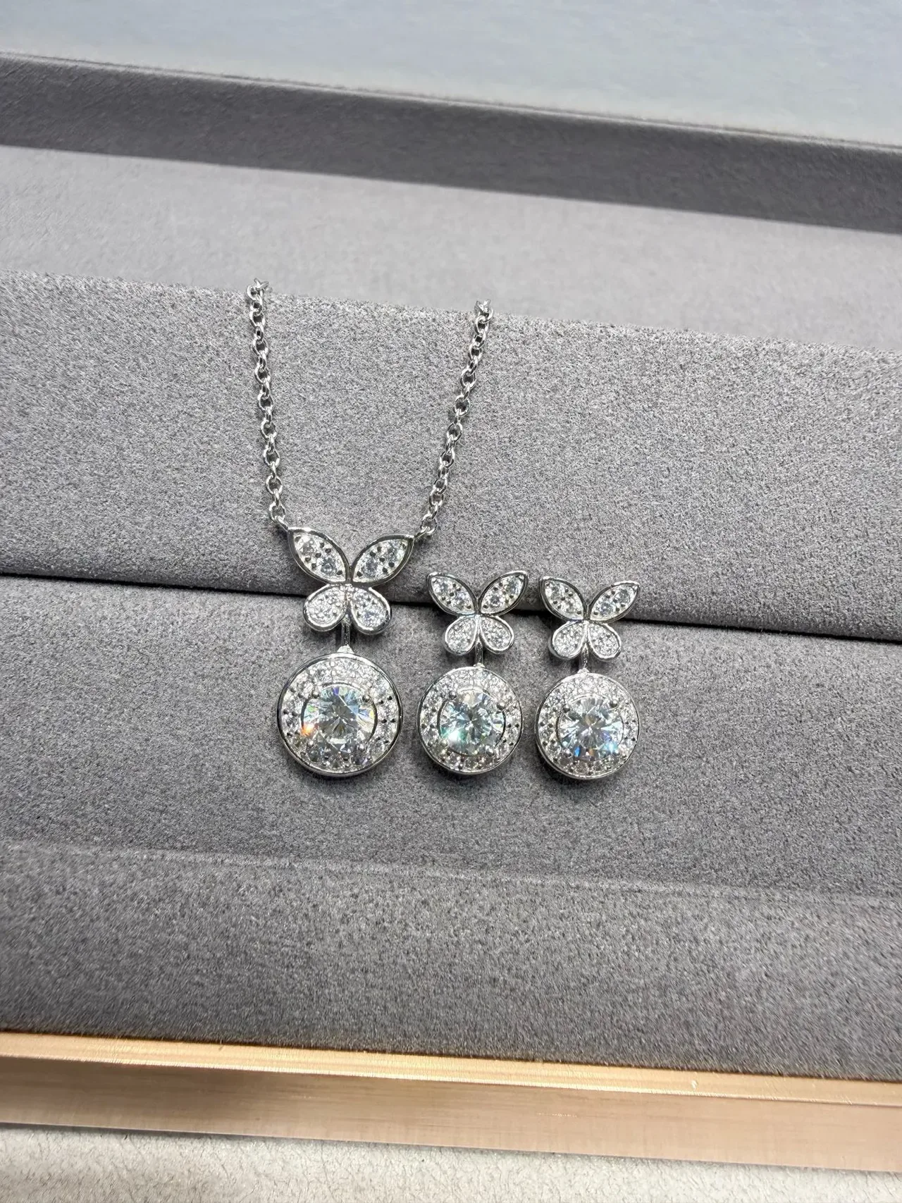 Silver White Butterfly Motif Halo-Set Round Pendant Earrings 2
