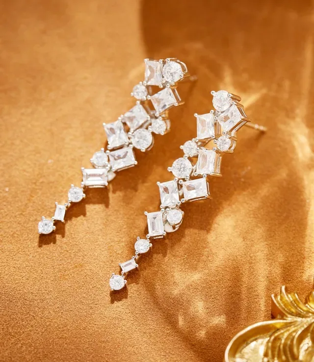 Silver White Cascading Multi-Stone Mixed-Cut Crystals Earrings 5