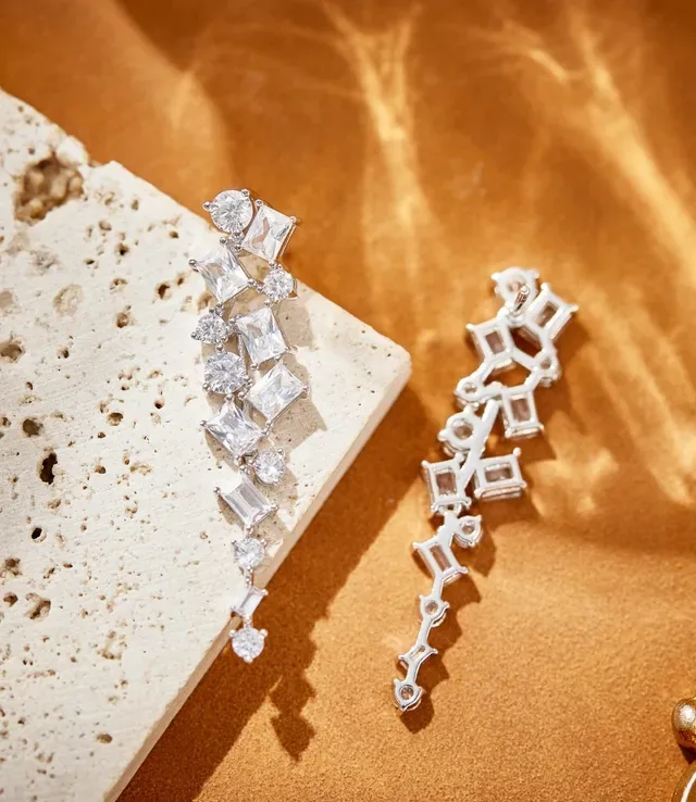 Silver White Cascading Multi-Stone Mixed-Cut Crystals Earrings 7