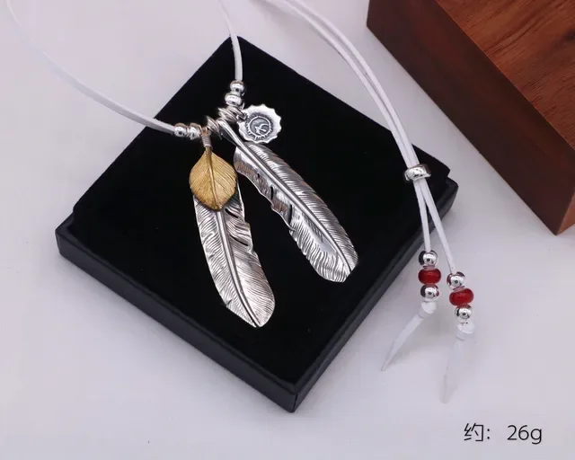 Silver White Feather Charms Leather Cord Necklace 2