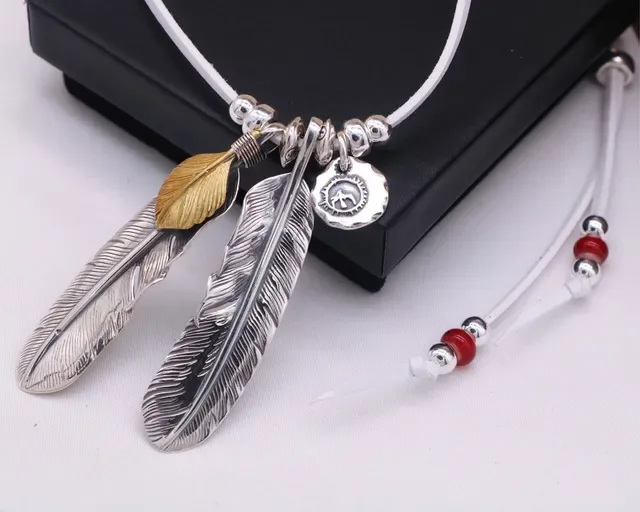 Silver White Feather Charms Leather Cord Necklace 3