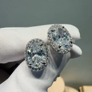Silver White Oval-Cut Central Stone Halo Pavé Setting Earrings