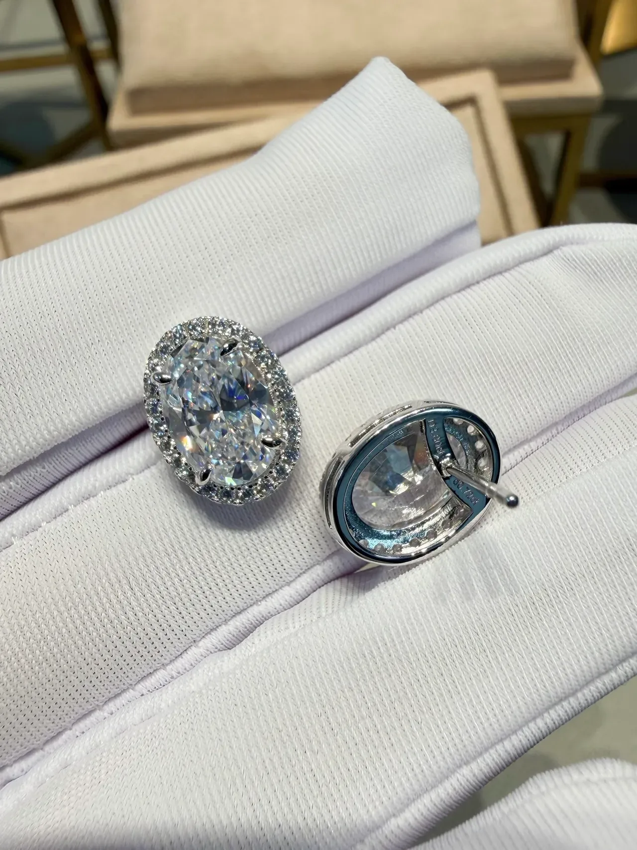 Silver White Oval-Cut Central Stone Halo Pavé Setting Earrings 5