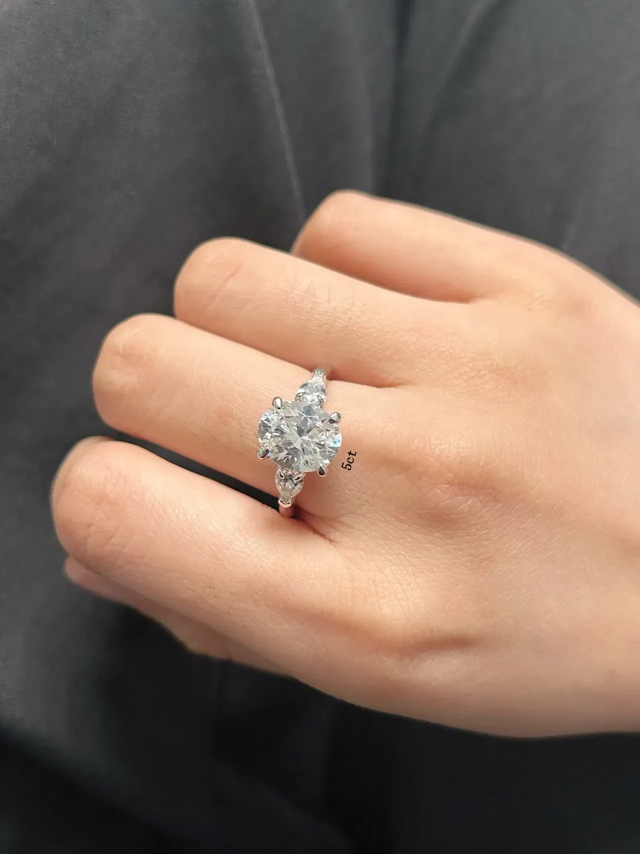 Silver White Three-Stone Design Round Brilliant Center Ring 9