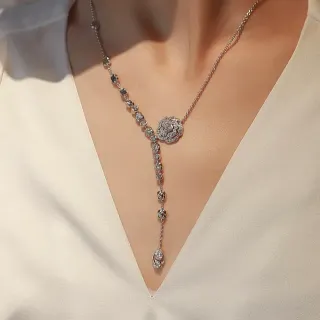 Silver White Y-Shaped Lariat Floral Pavé Pendant Necklace