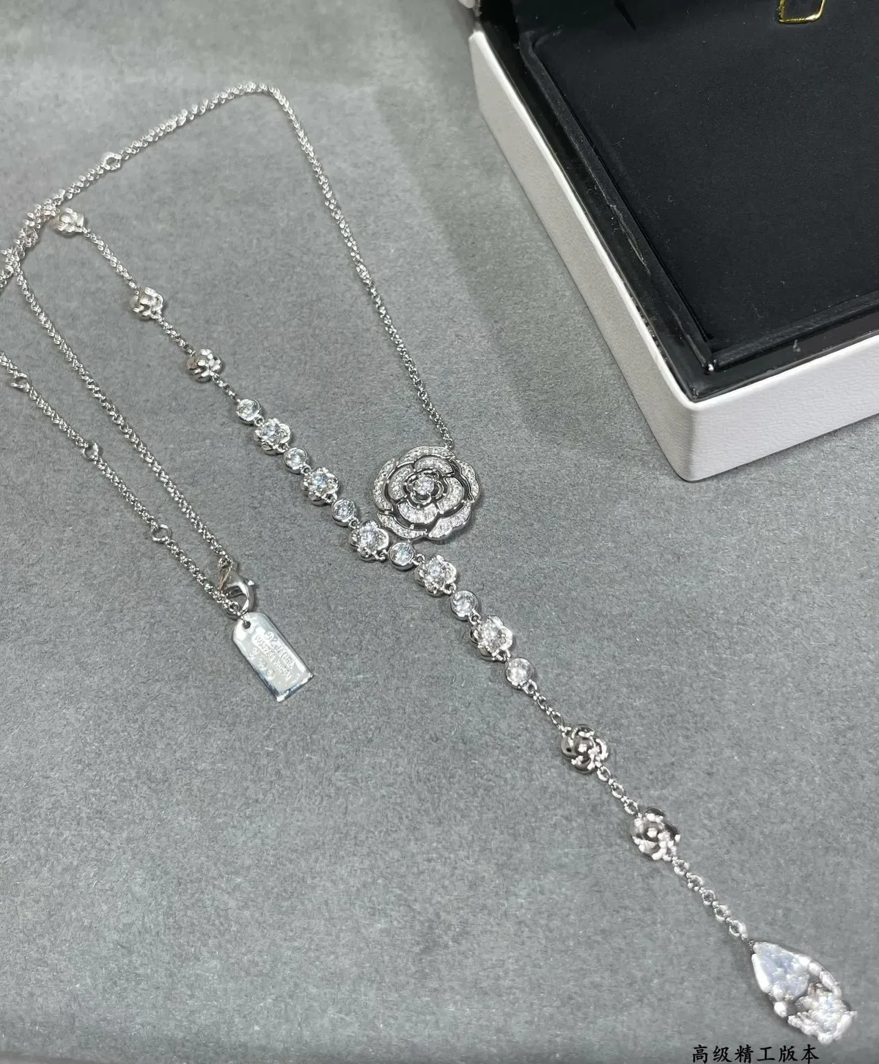 Silver White Y-Shaped Lariat Floral Pavé Pendant Necklace 3