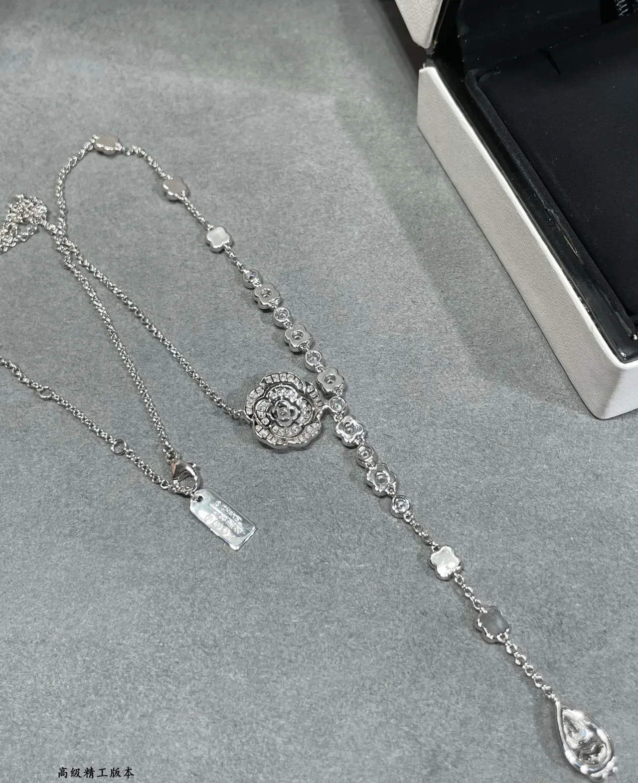 Silver White Y-Shaped Lariat Floral Pavé Pendant Necklace 4