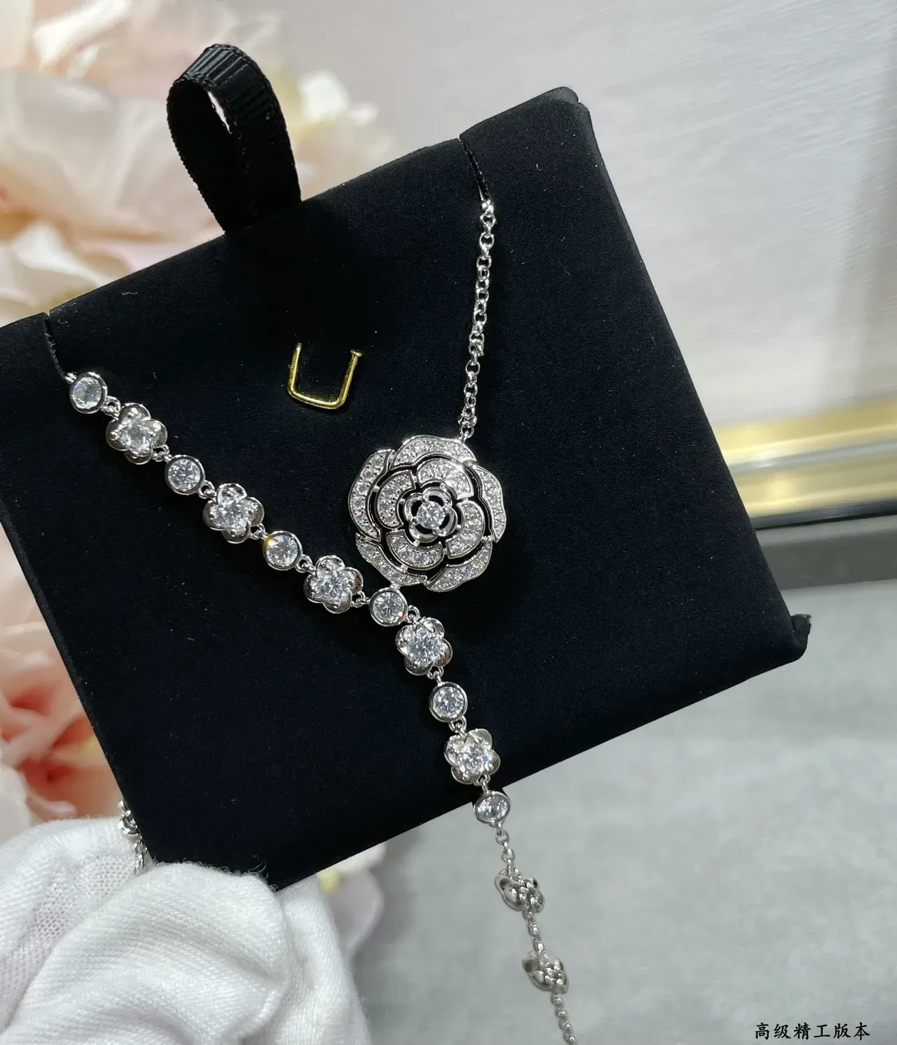 Silver White Y-Shaped Lariat Floral Pavé Pendant Necklace 5