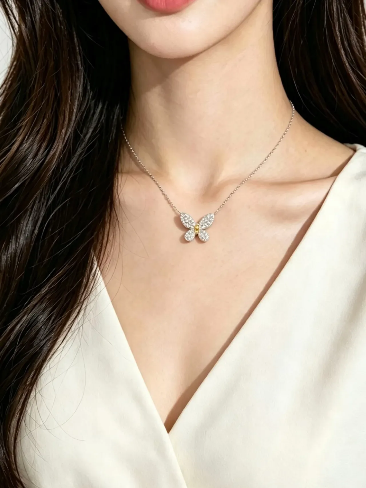 Silver Yellow Butterfly Silhouette Pavé-Set Stones Necklace 2