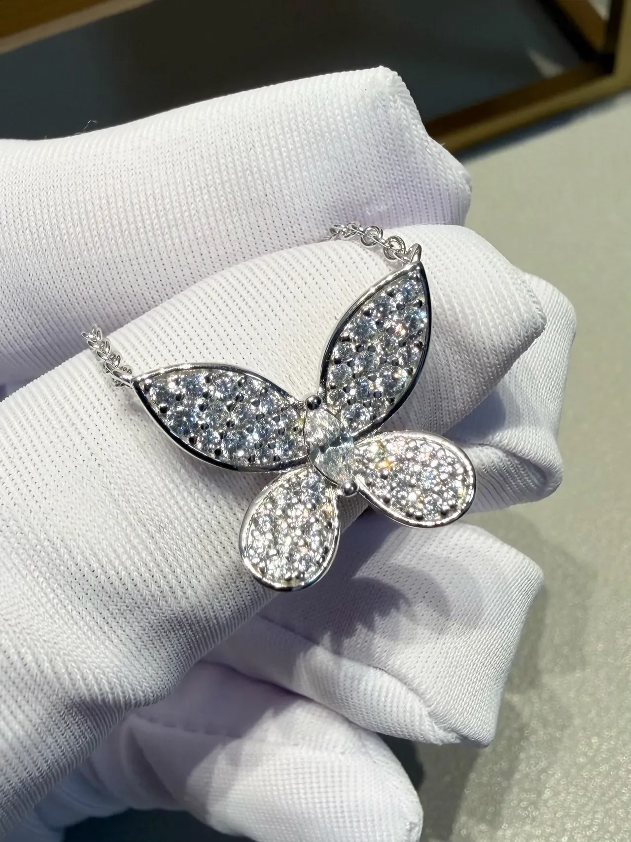 Silver Yellow Butterfly Silhouette Pavé-Set Stones Necklace 3