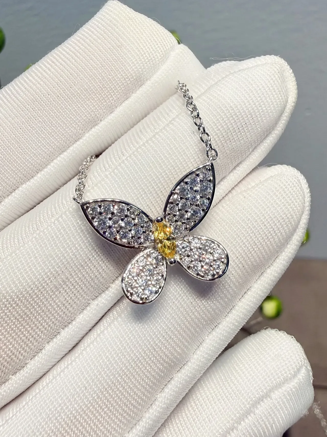 Silver Yellow Butterfly Silhouette Pavé-Set Stones Necklace 7