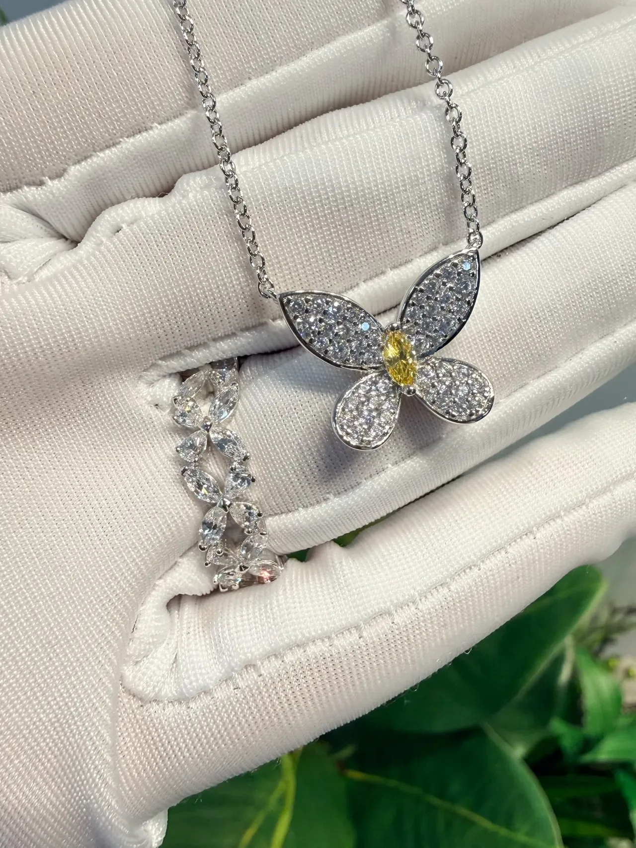 Silver Yellow Butterfly Silhouette Pavé-Set Stones Necklace 8