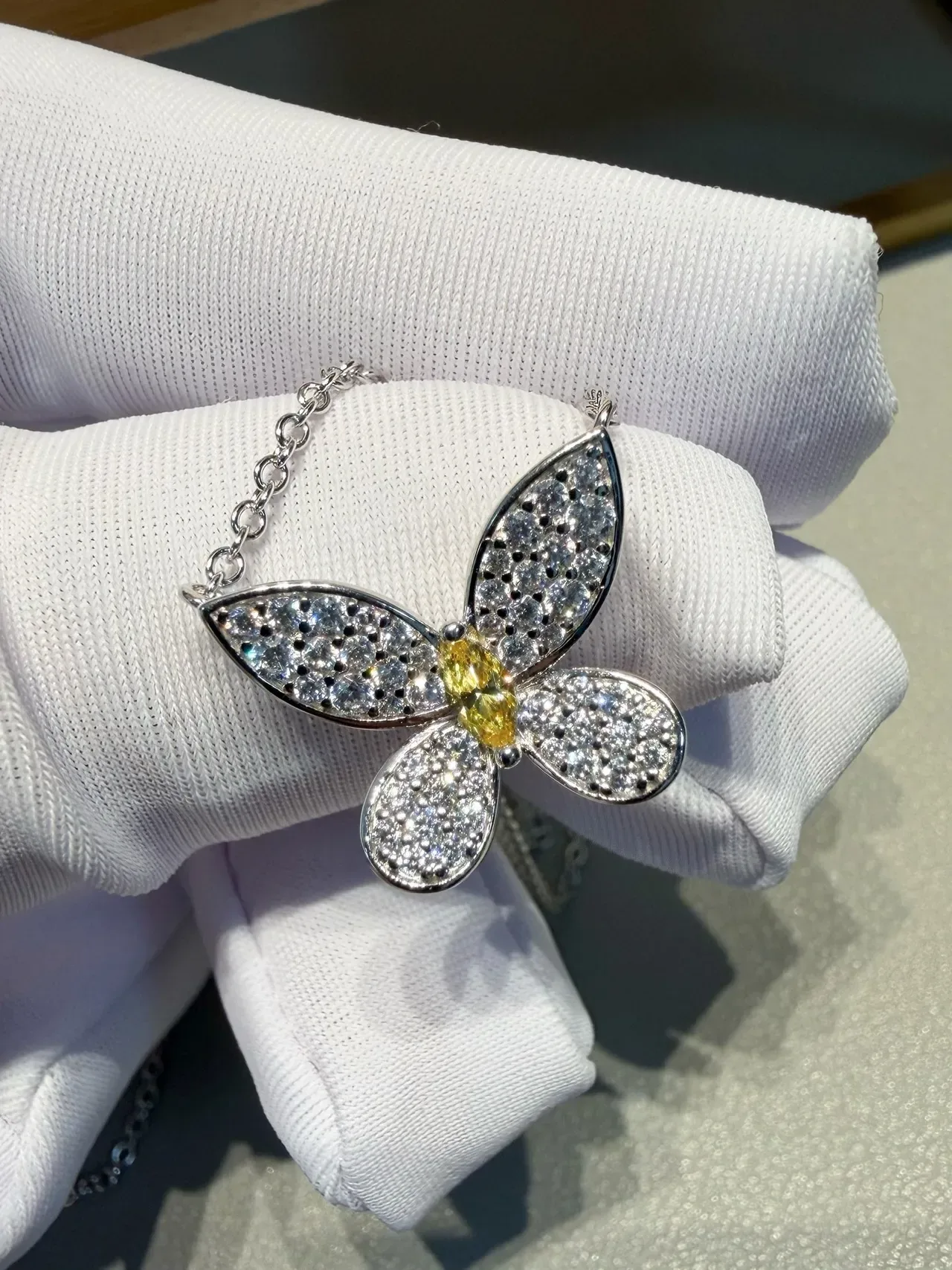Silver Yellow Butterfly Silhouette Pavé-Set Stones Necklace 9