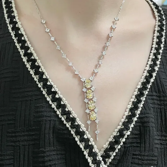 Silver Yellow Y-Shaped Chain Multi-Stone Pendant Necklace 9