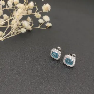 Square Cushion-Cut Blue Stone Pave Halo Stud Earrings