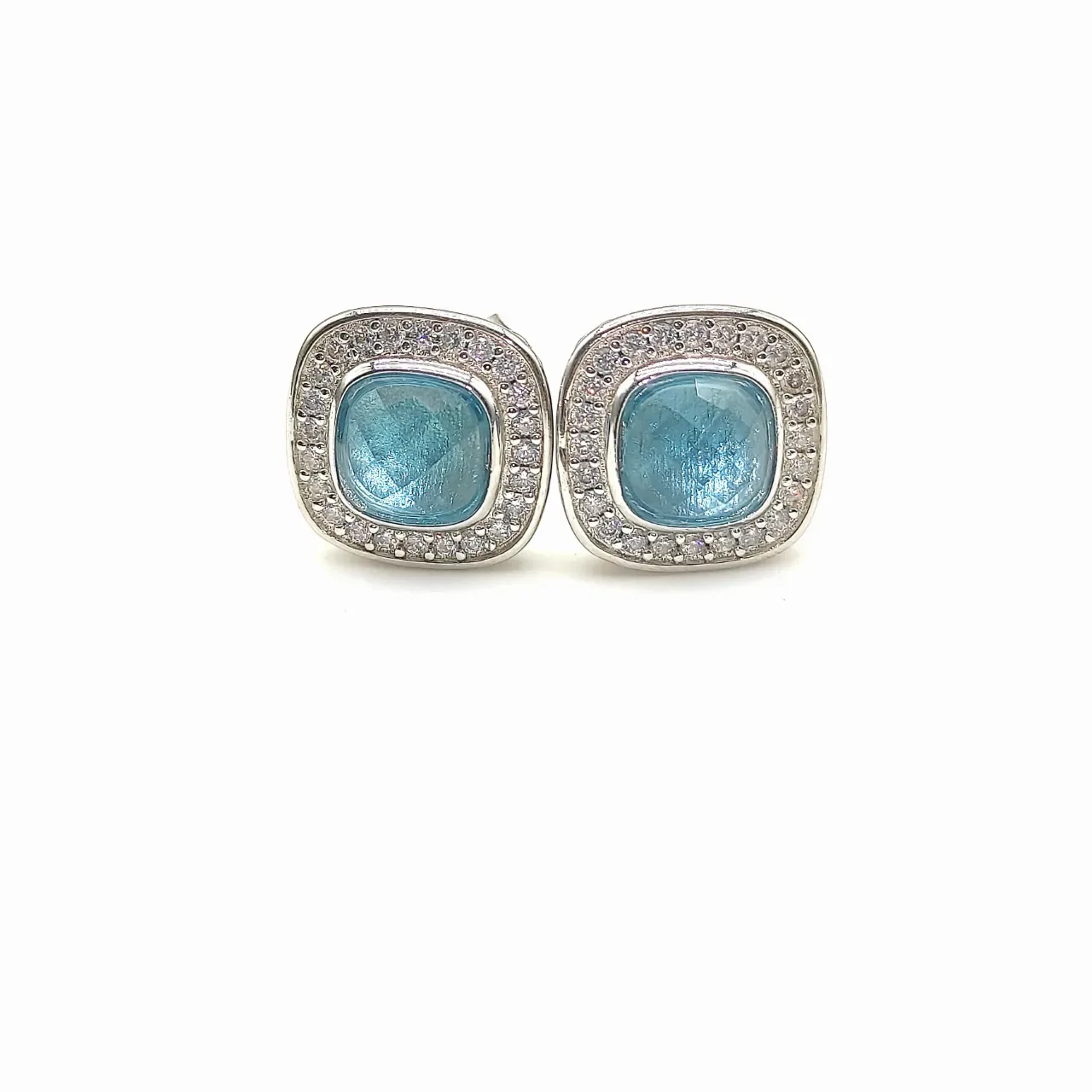 Square Cushion-Cut Blue Stone Pave Halo Stud Earrings 2