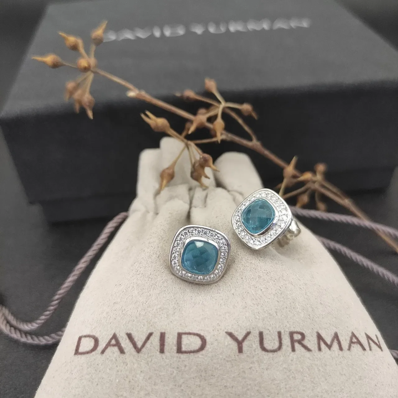 Square Cushion-Cut Blue Stone Pave Halo Stud Earrings 3