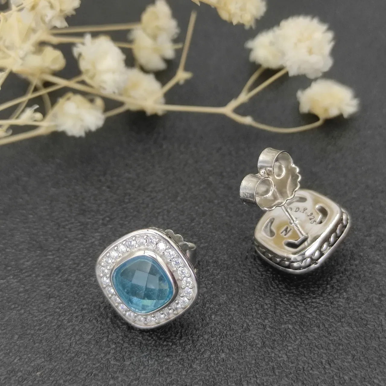 Square Cushion-Cut Blue Stone Pave Halo Stud Earrings 4