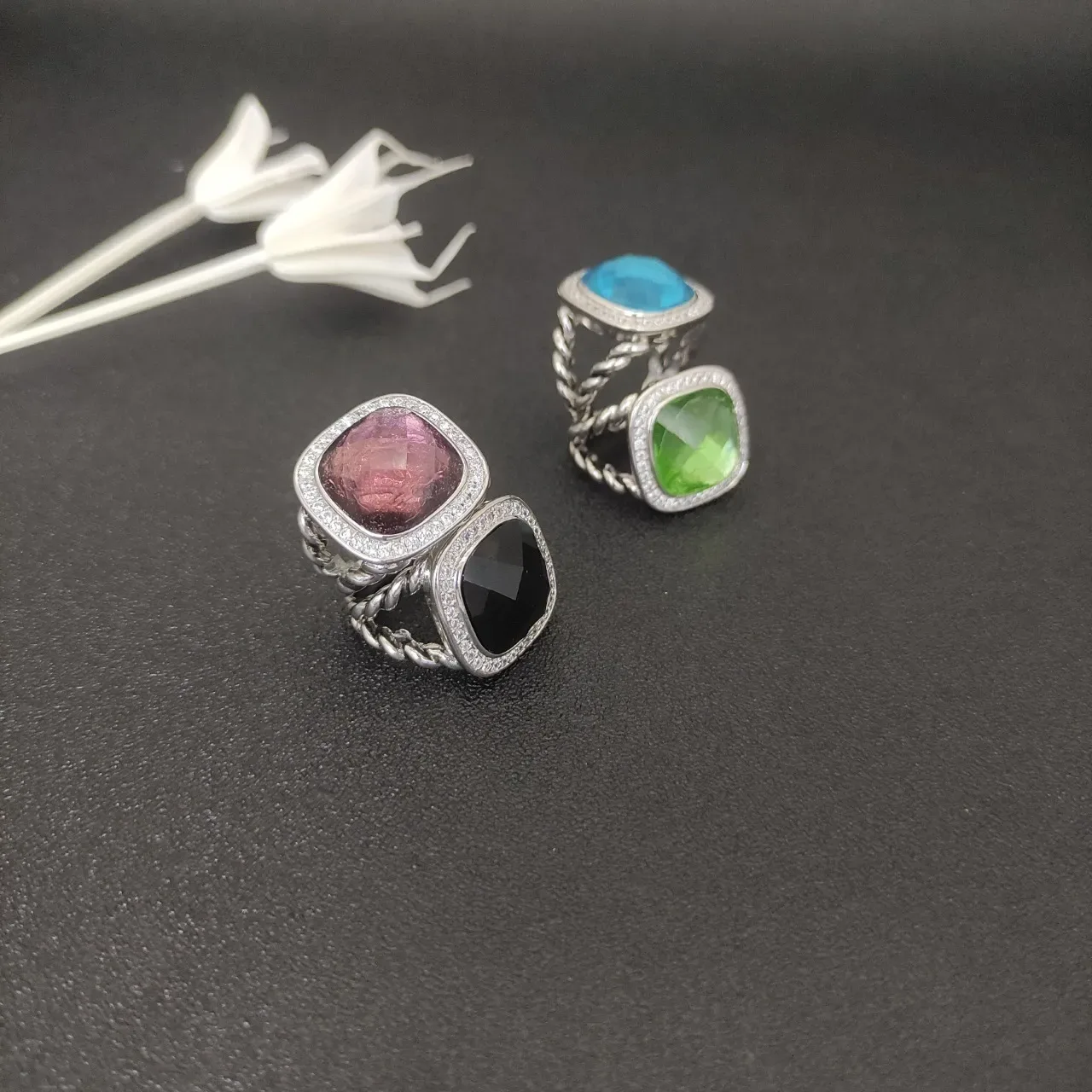 Stacked Twisted Rope Band Faceted Gemstone Rings 1