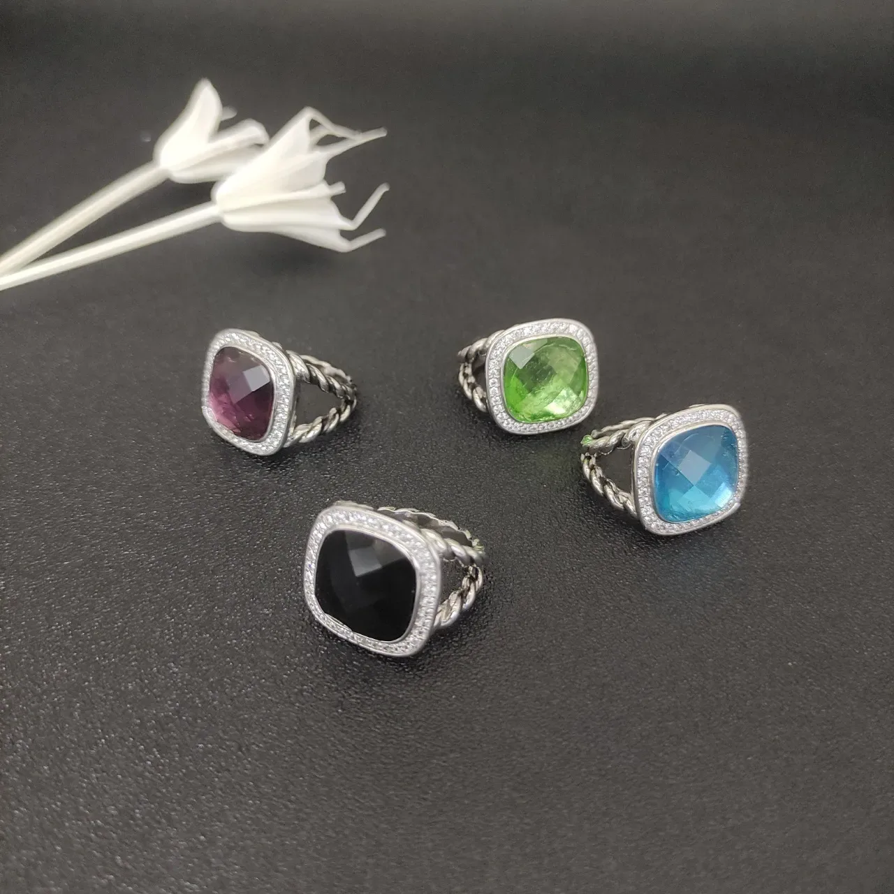 Stacked Twisted Rope Band Faceted Gemstone Rings 8