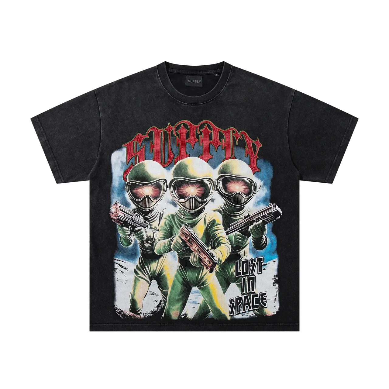 SUPPLY Black Red Oversized Fit Acid-Wash Denim-Like Texture T-Shirt 3