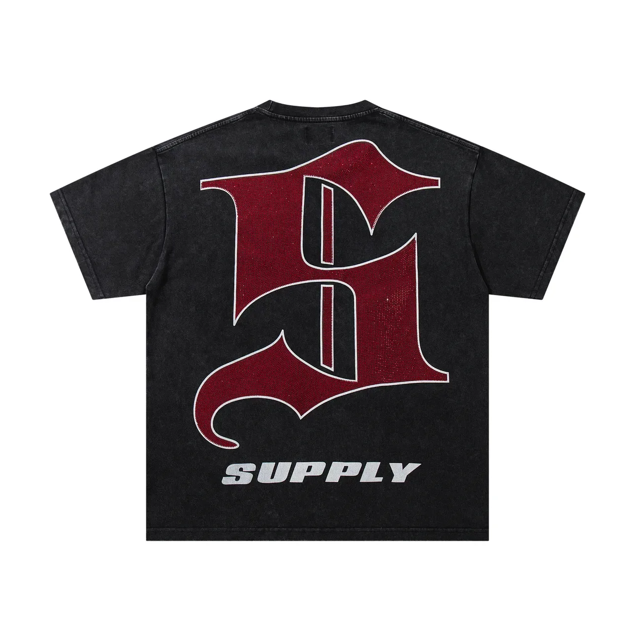 SUPPLY Black Red Oversized Fit Acid-Wash Denim-Like Texture T-Shirt 4