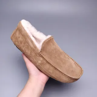 Tan Suede Shearling-Lined Moccasin Loafer