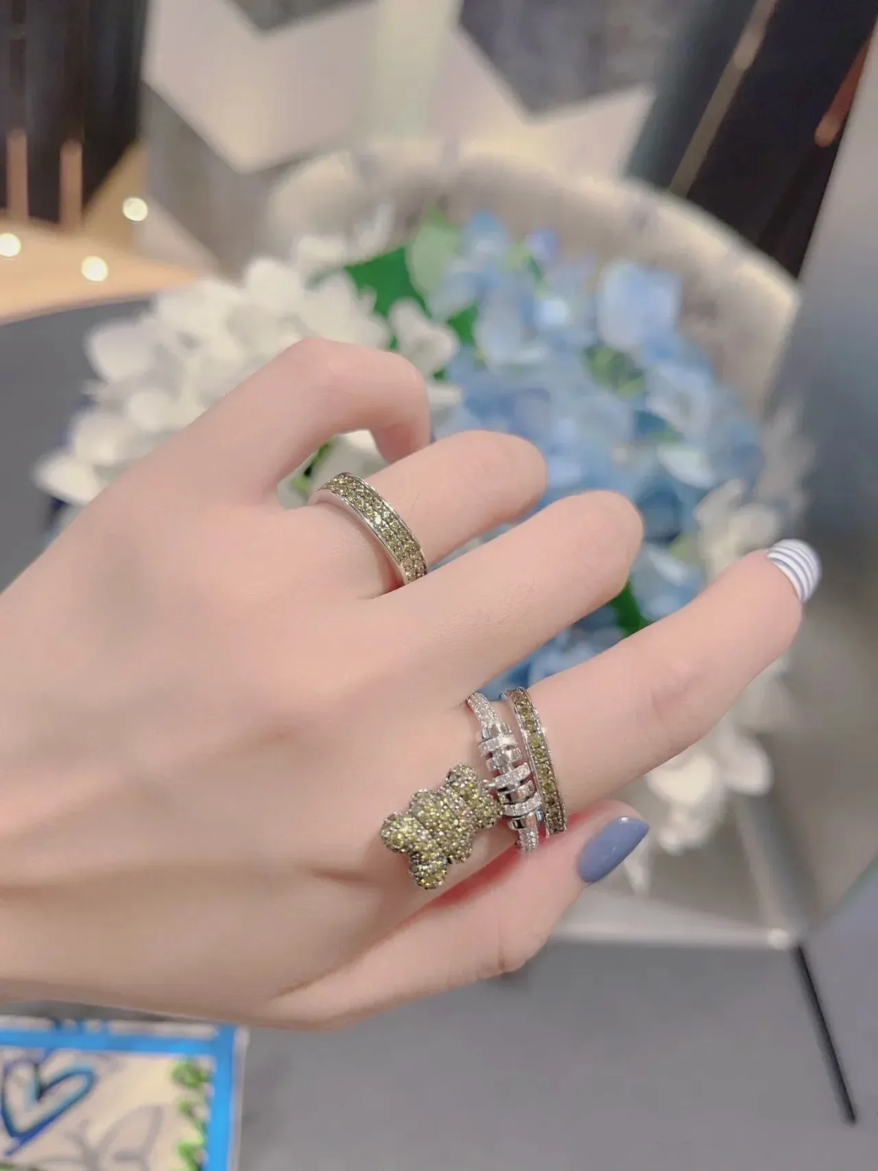 Thin Pavé-Set Olive-Green Stone Ring 4