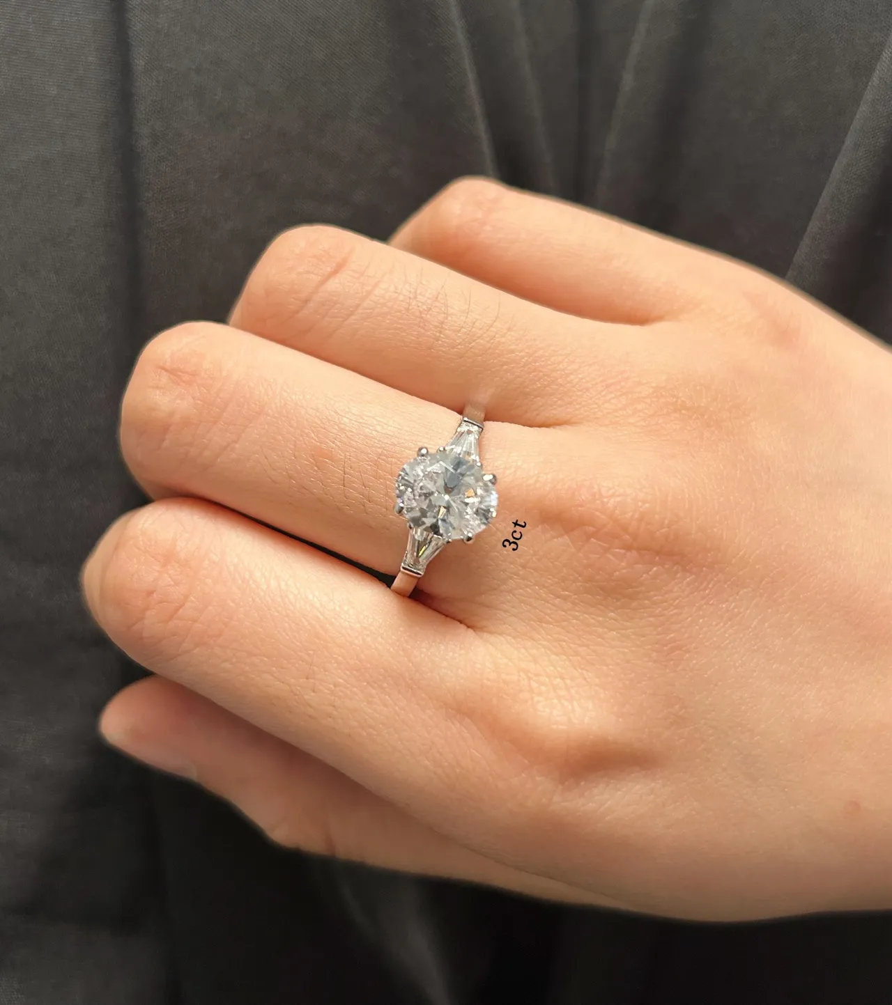 Three-Stone Round Brilliant and Tapered Baguette Diamond Ring 9