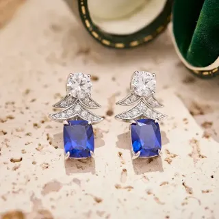 Tree-Shaped Pavé Motif Blue Gemstone and Clear Stone Earrings
